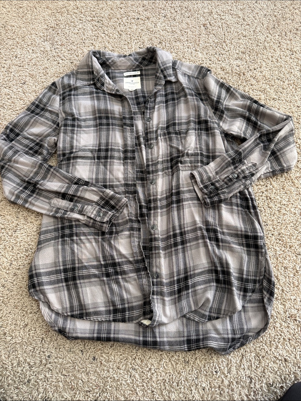 American Eagle Outfitters Black and Gray Plaid Button-Down Shirt